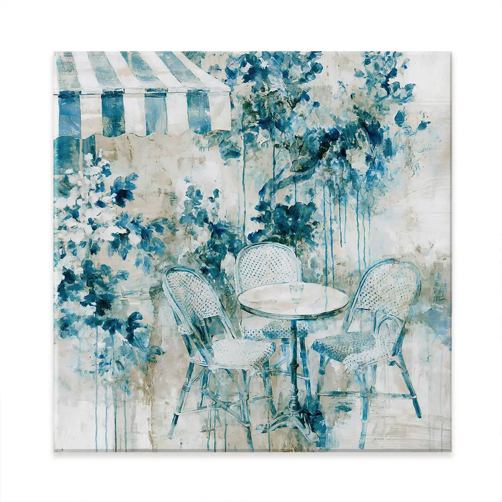 Bistro Table Under Striped Awning Square Canvas Print Bistro Table Under Striped Awning Square Canvas Print wall art product Chromatic Storm Studio