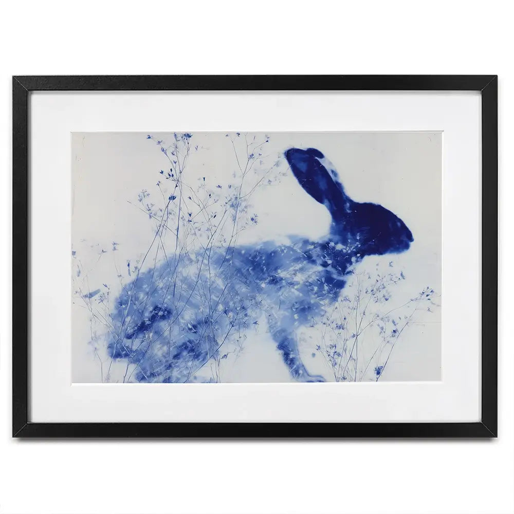 Blue Rabbit Silhouette With Wildflowers Framed Art Print Blue Rabbit Silhouette With Wildflowers Framed Art Print wall art product Chromatic Storm Studio