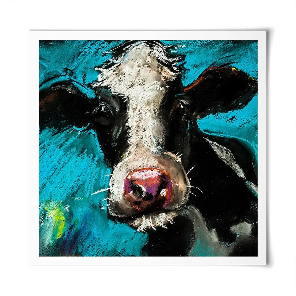 Cow On Blue Square Art Print Cow On Blue Square Art Print wall art product Art Print Shop