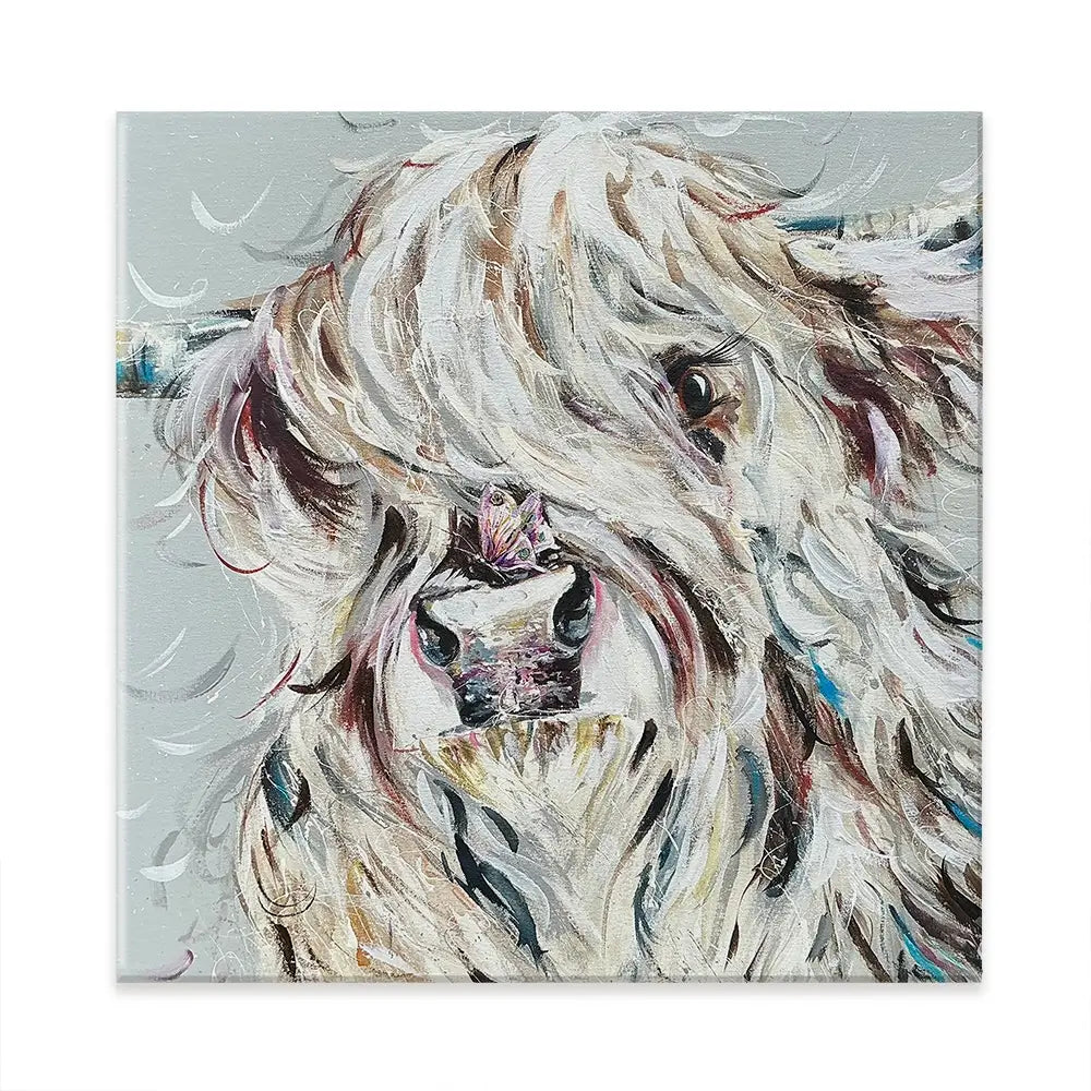 Highland Cow And Butterfly Square Canvas Print Highland Cow And Butterfly Square Canvas Print wall art product Nicola Jane Rowles