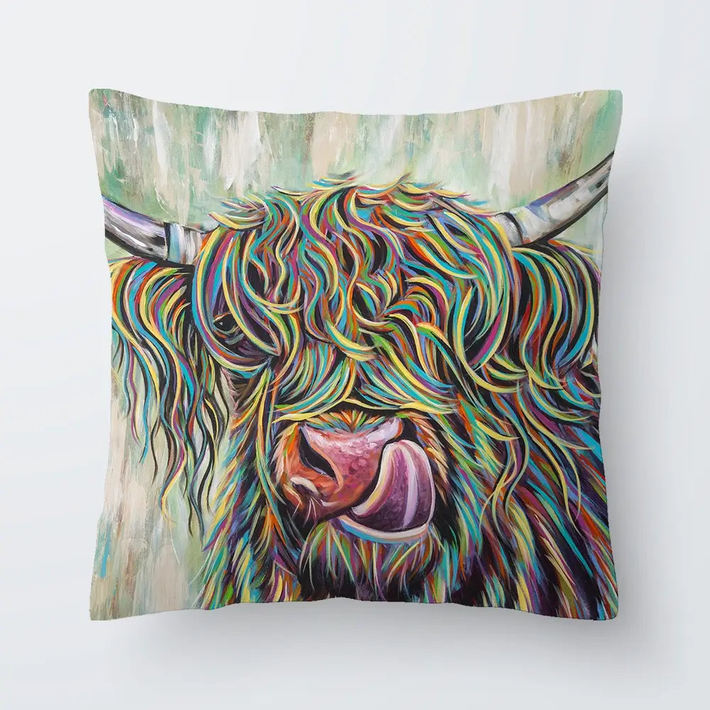 Highland Cow Licking Cushion Highland Cow Licking Cushion wall art product Art Print Shop