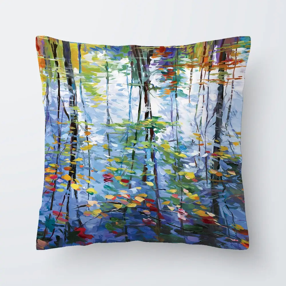 Impressionistic Reflection Of Autumn Trees And Leaves On Water Cushion Impressionistic Reflection Of Autumn Trees And Leaves On Water Cushion wall art product Leon Devenice