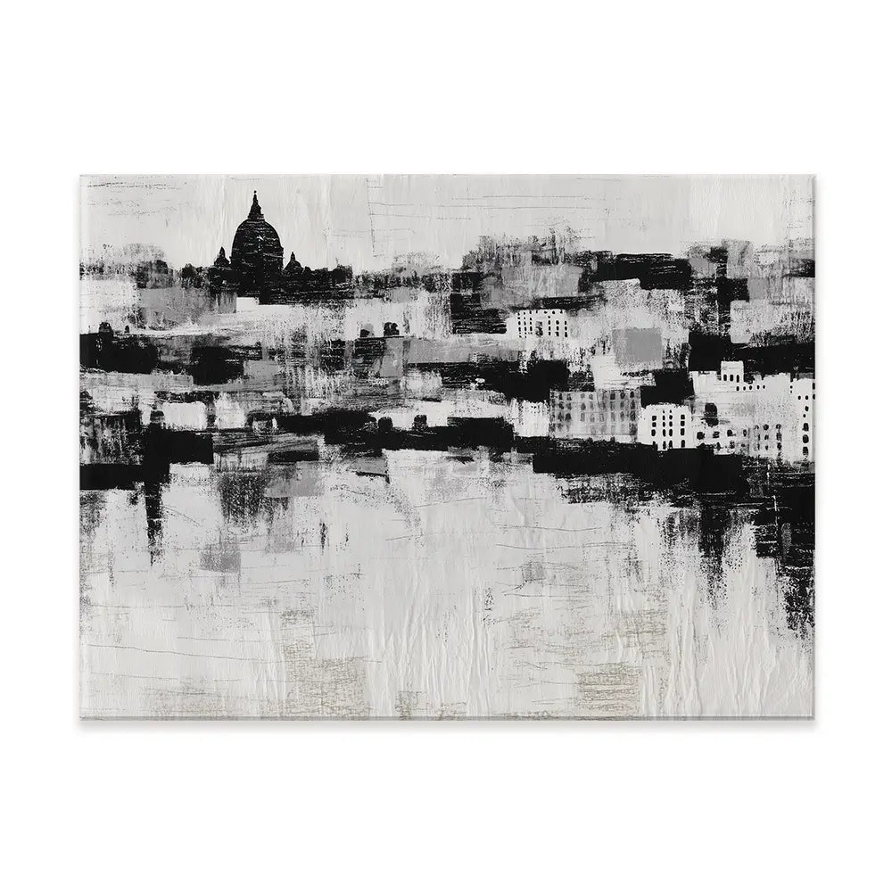 Misty Canal Skyline Canvas Print Misty Canal Skyline Canvas Print wall art product Chromatic Storm Studio