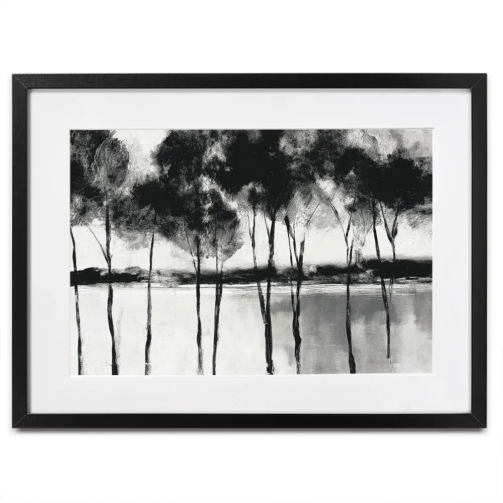 Misty Lakeside Trees Framed Art Print Misty Lakeside Trees Framed Art Print wall art product Chromatic Storm Studio