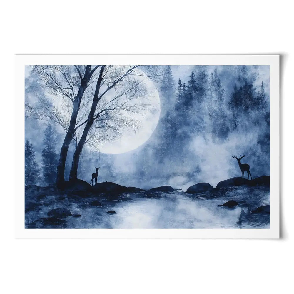 Moonlit Forest River With Deer Silhouettes Art Print Moonlit Forest River With Deer Silhouettes Art Print wall art product Chromatic Storm Studio