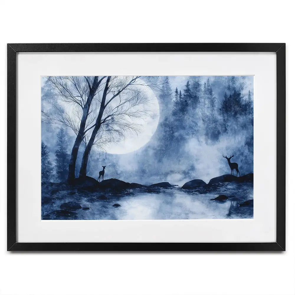 Moonlit Forest River With Deer Silhouettes Framed Art Print Moonlit Forest River With Deer Silhouettes Framed Art Print wall art product Chromatic Storm Studio