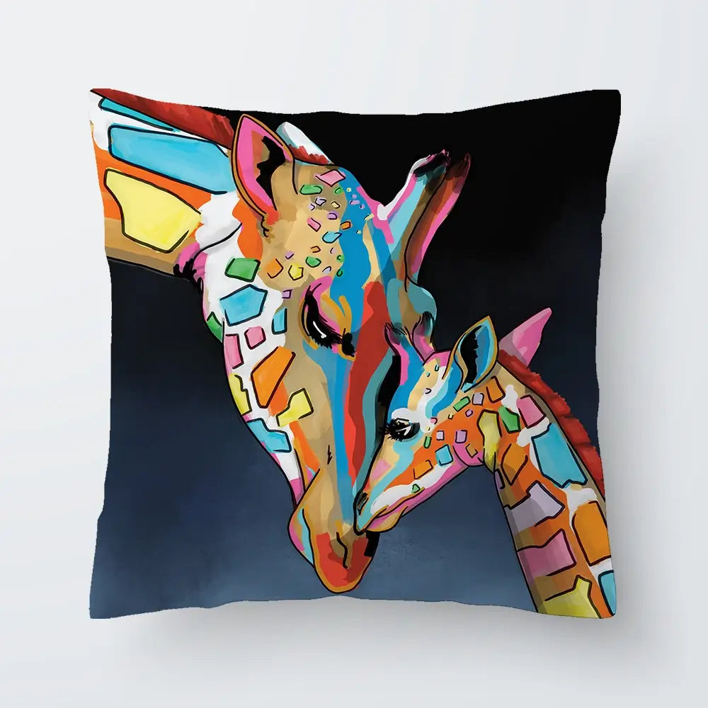Multicoloured Giraffe And Calf Cushion Multicoloured Giraffe And Calf Cushion wall art product Art Print Shop