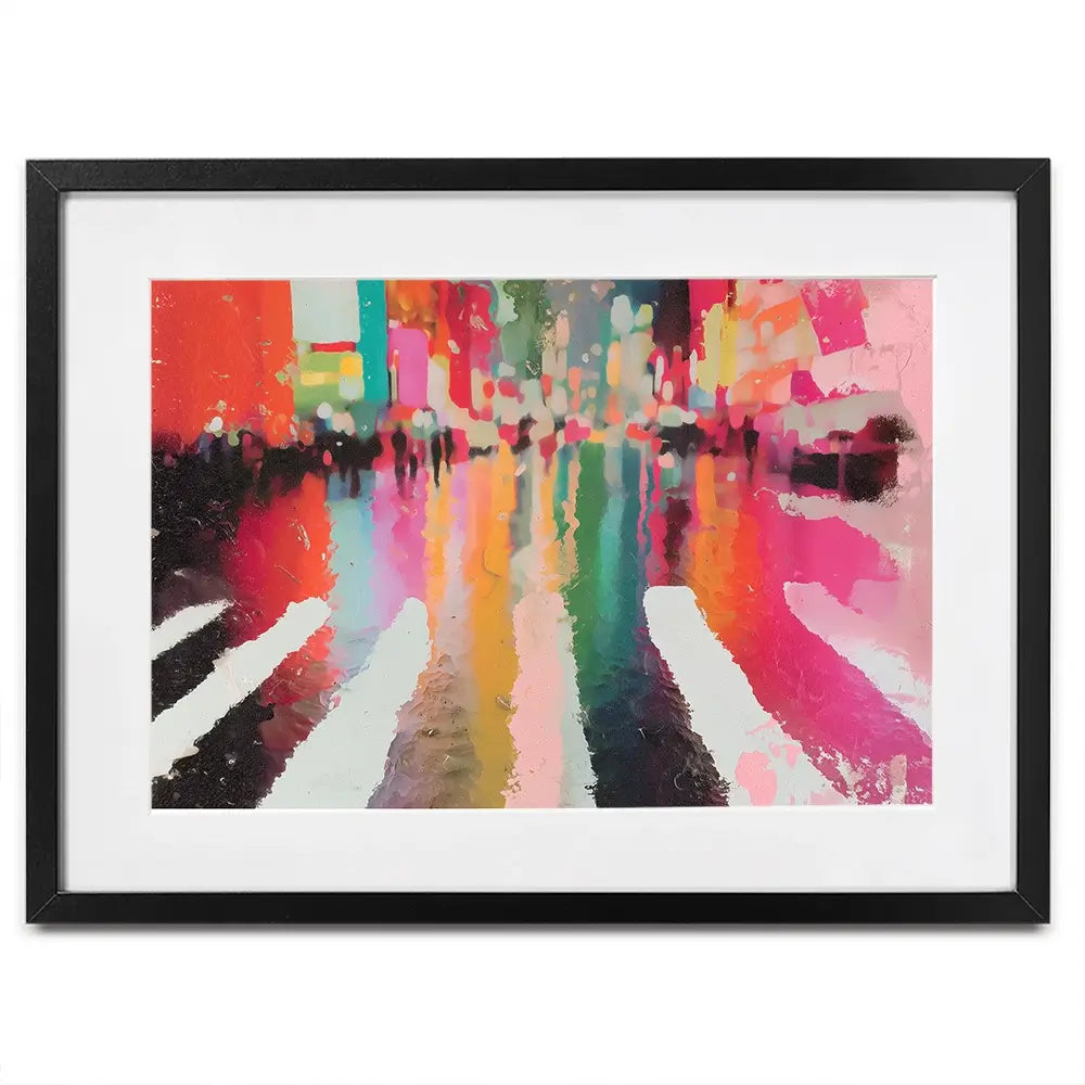 Neon Rain Crosswalk Framed Art Print Neon Rain Crosswalk Framed Art Print wall art product Chromatic Storm Studio