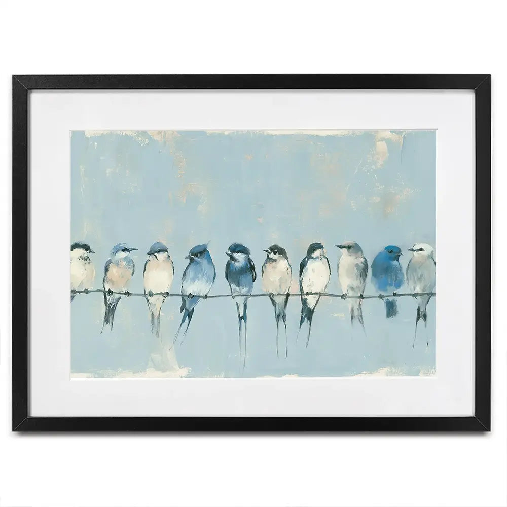 Row Of Birds On Wire Framed Art Print Row Of Birds On Wire Framed Art Print wall art product Chromatic Storm Studio