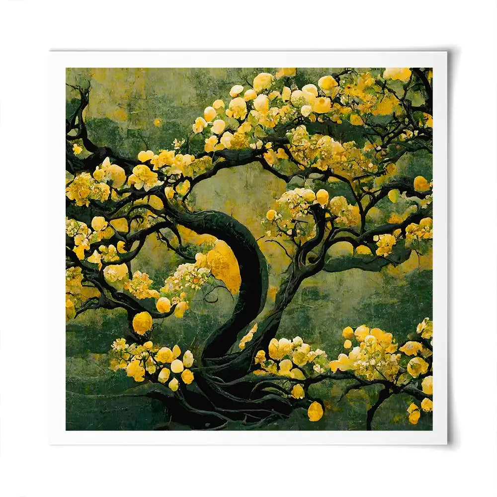 Sakura Tree In Yellow Square Art Print Sakura Tree In Yellow Square Art Print wall art product Art Print Shop