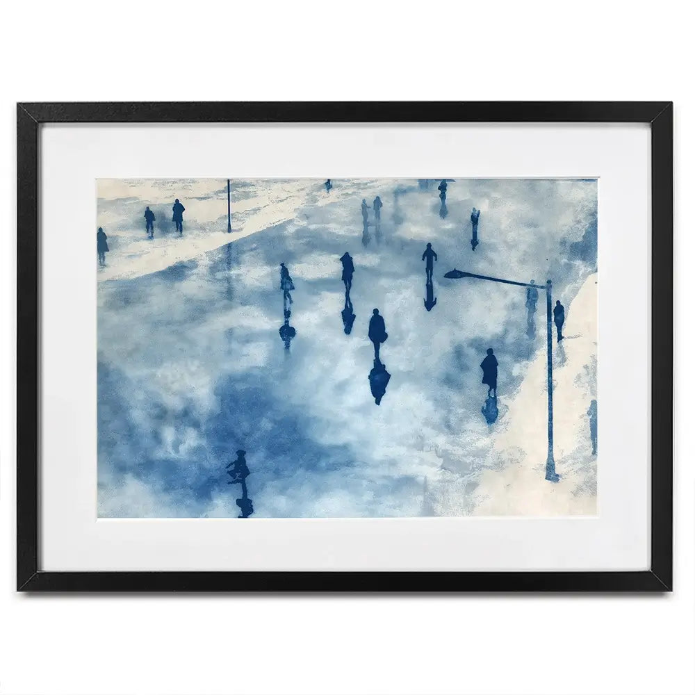 Snowy City Plaza With Walking Figures Framed Art Print Snowy City Plaza With Walking Figures Framed Art Print wall art product Chromatic Storm Studio