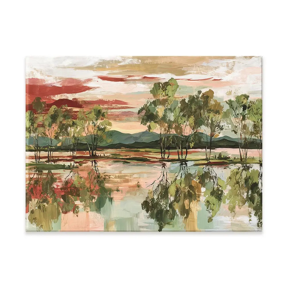 Trees Mirrored In Tranquil Waters Canvas Print Trees Mirrored In Tranquil Waters Canvas Print wall art product Chromatic Storm Studio