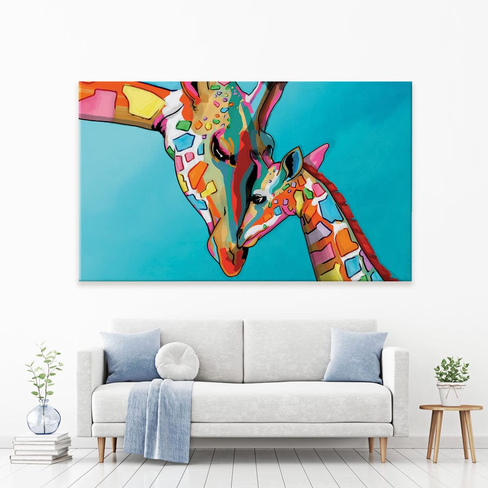 Colourful Giraffe and Calf Canvas Print wall art product Art Print Shop