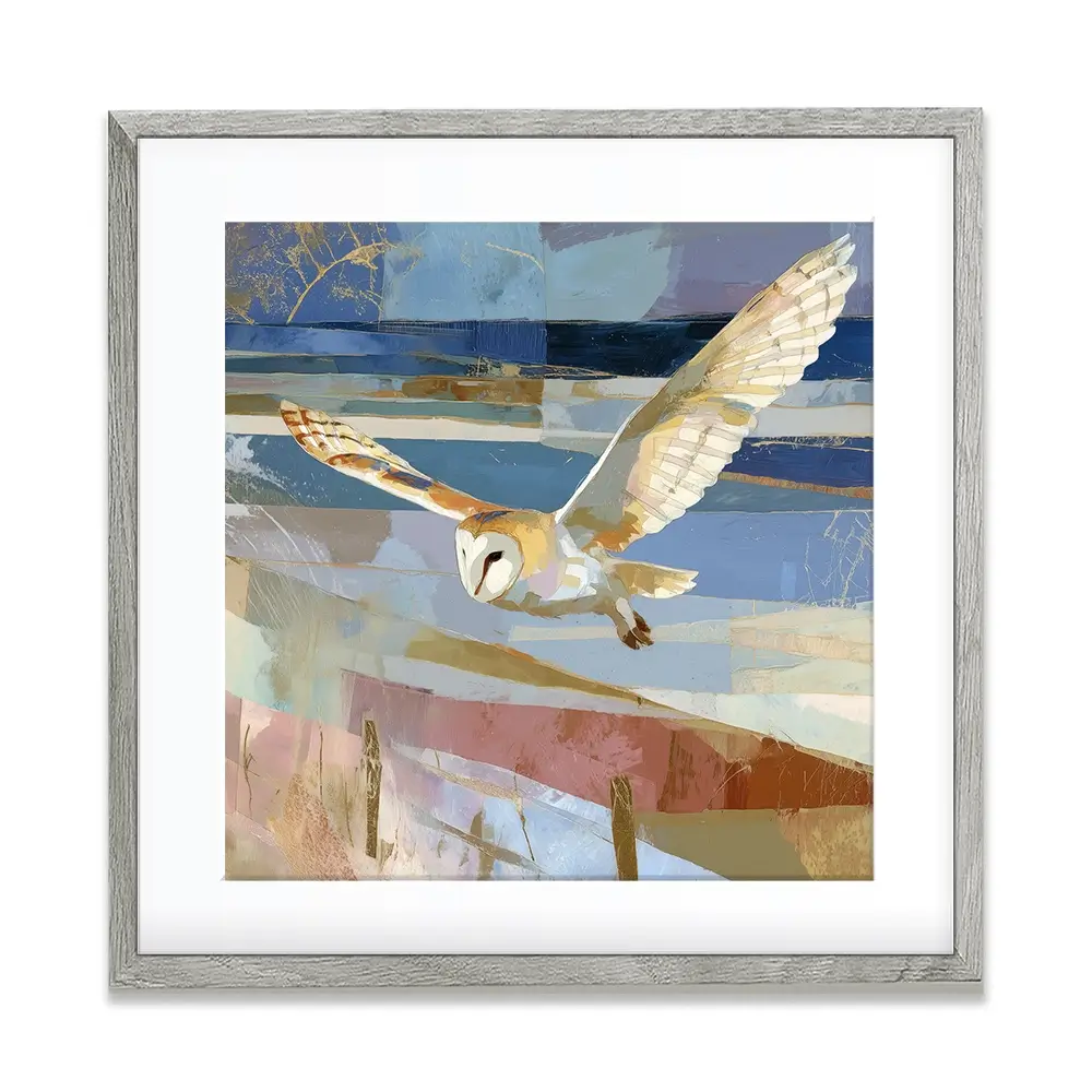 Barn Owl Gliding Over Countryside Square Framed Art Print