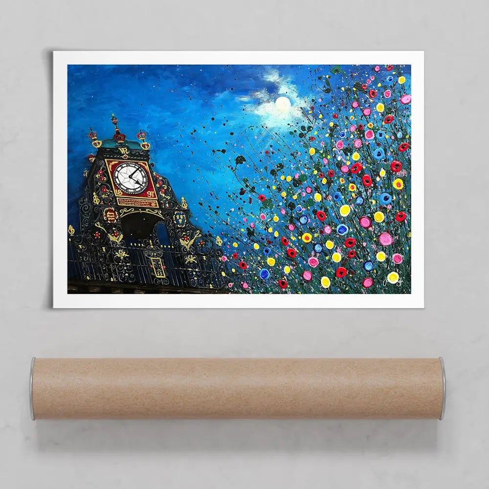 A Moonlit Chester Clock Art Print A Moonlit Chester Clock Art Print wall art product Jo Gough