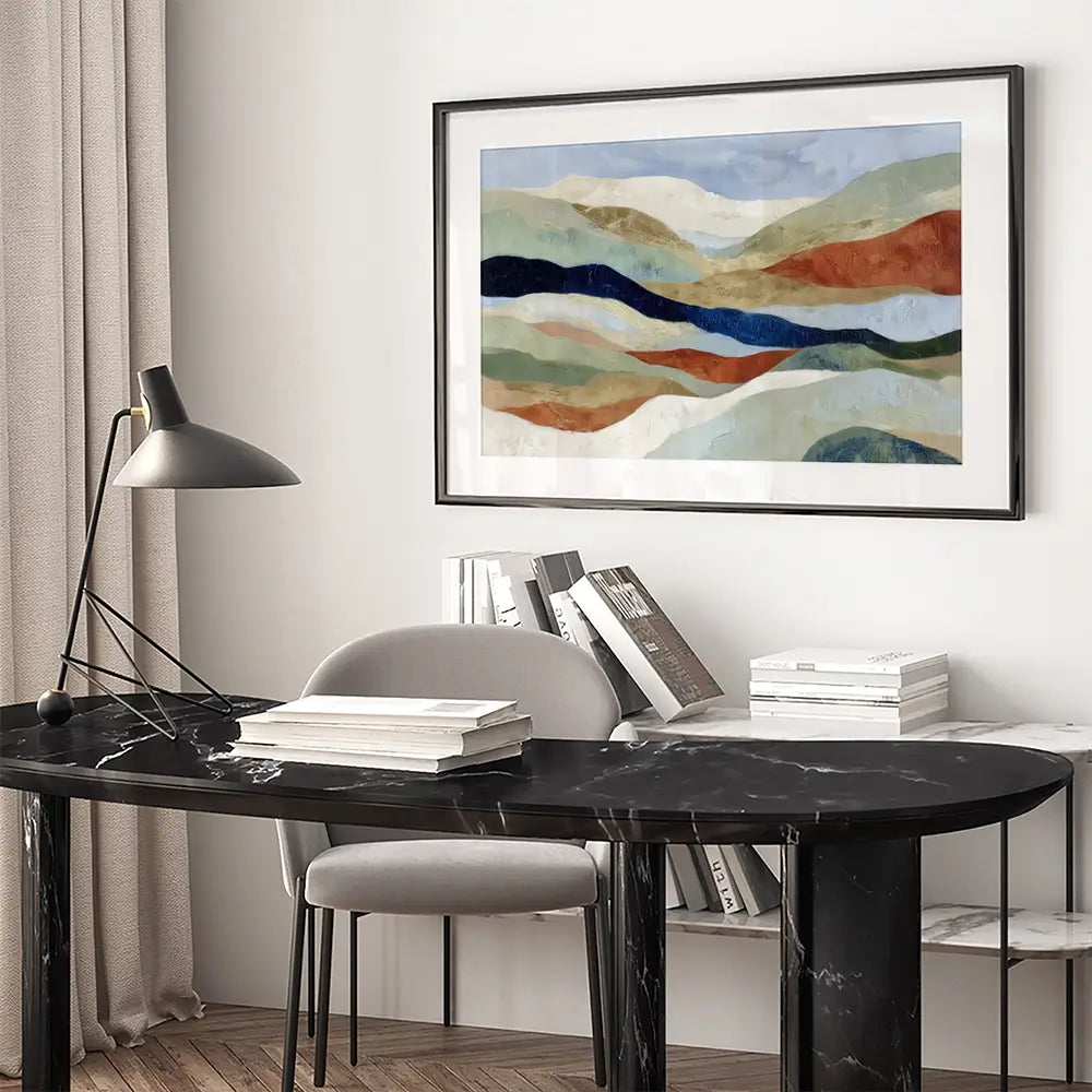 Abstract Hills In Navy And Coral Framed Art Print Abstract Hills In Navy And Coral Framed Art Print wall art product Chromatic Storm Studio