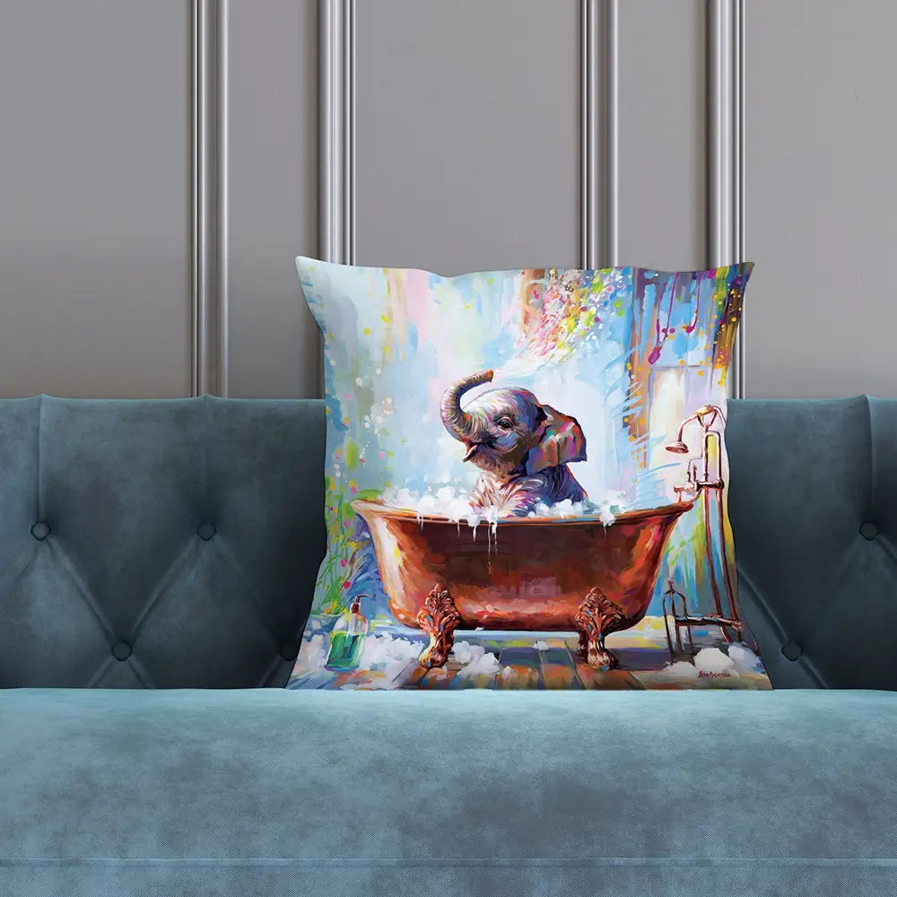 Baby Elephant In Bathtub Cushion Baby Elephant In Bathtub Cushion wall art product Leon Devenice