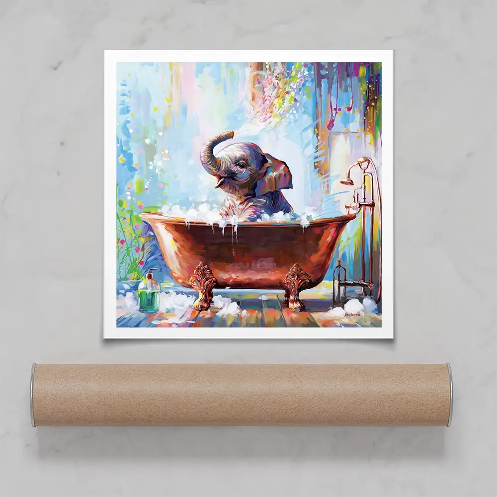 Baby Elephant In Bathtub Square Art Print Baby Elephant In Bathtub Square Art Print wall art product Leon Devenice