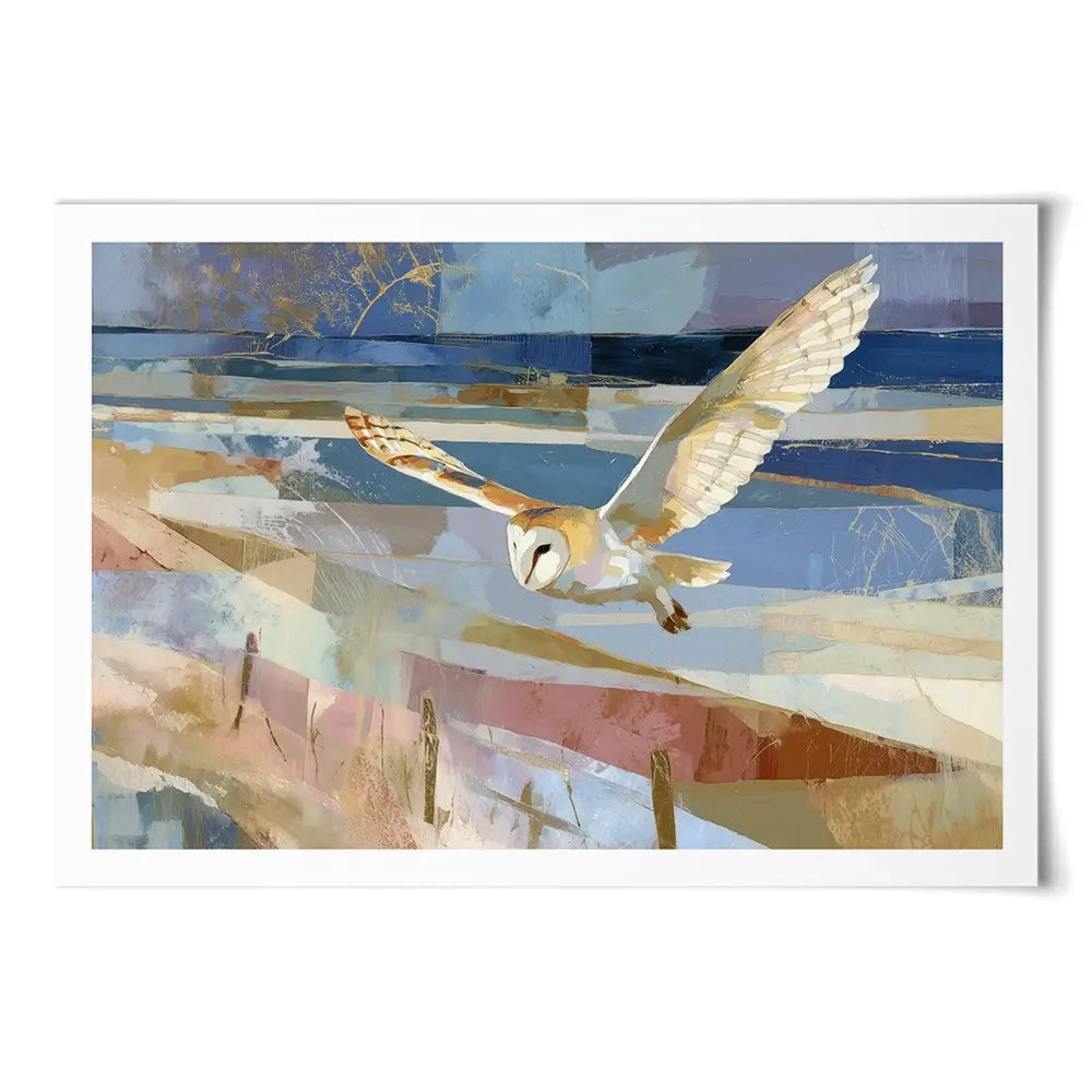 Barn Owl Gliding Over Countryside Art Print Barn Owl Gliding Over Countryside Art Print wall art product Chromatic Storm Studio
