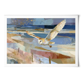 Barn Owl Gliding Over Countryside Art Print Barn Owl Gliding Over Countryside Art Print wall art product Chromatic Storm Studio