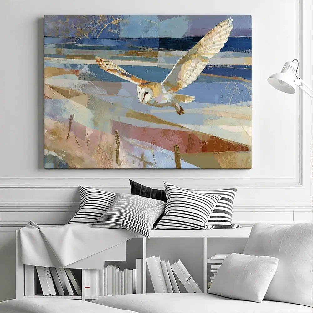 Barn Owl Gliding Over Countryside Canvas Print Barn Owl Gliding Over Countryside Canvas Print wall art product Chromatic Storm Studio