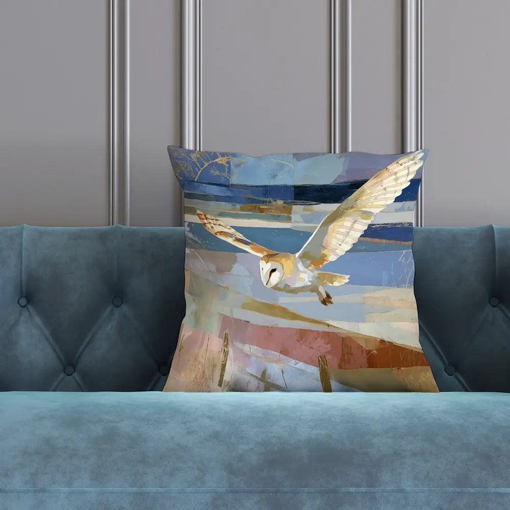 Barn Owl Gliding Over Countryside Cushion Barn Owl Gliding Over Countryside Cushion wall art product Chromatic Storm Studio