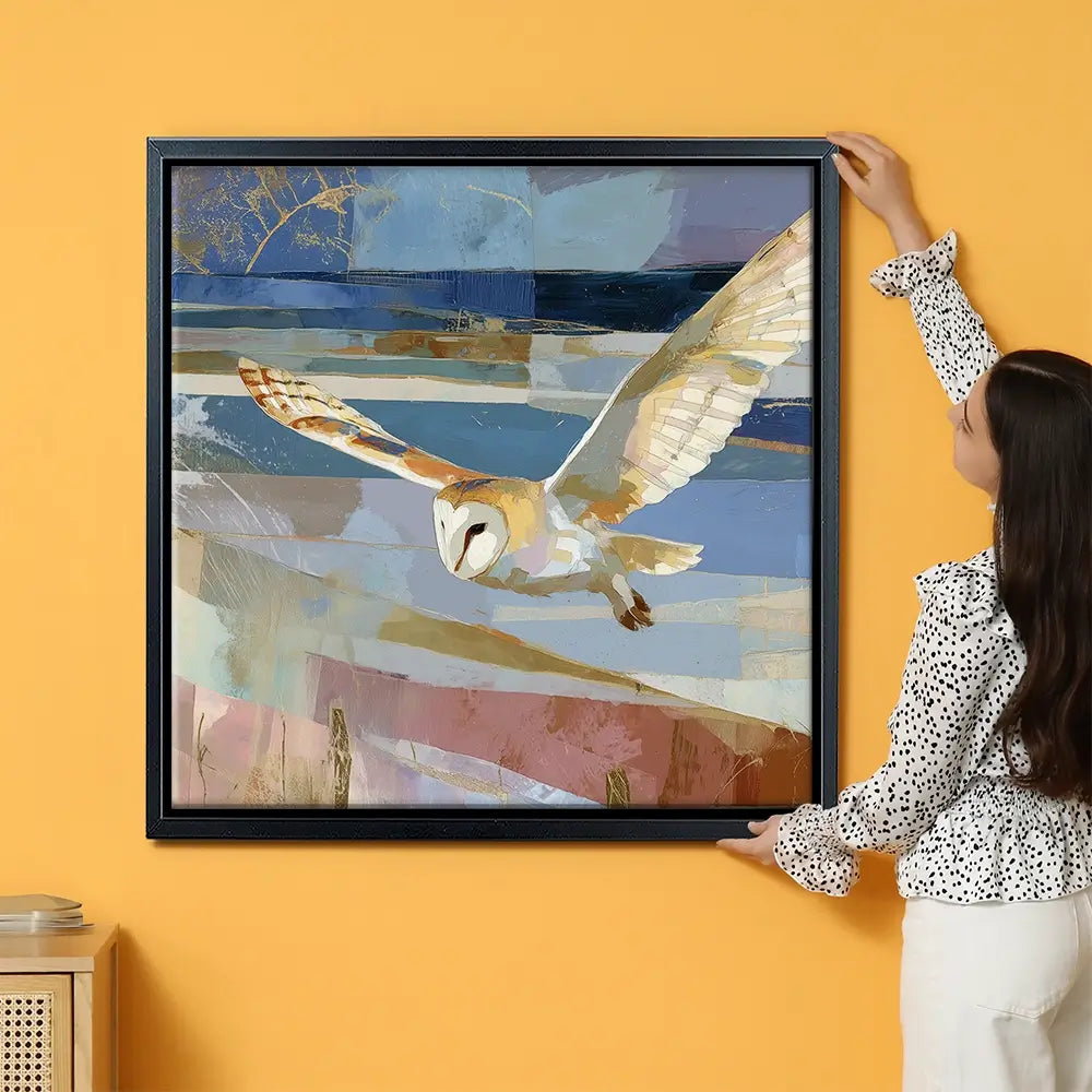 Barn Owl Gliding Over Countryside Oversized Canvas Print Barn Owl Gliding Over Countryside Oversized Canvas Print wall art product Chromatic Storm Studio