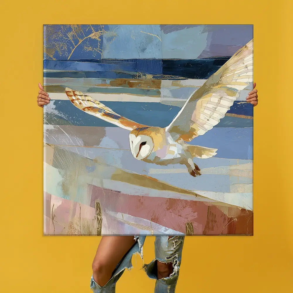 Barn Owl Gliding Over Countryside Oversized Canvas Print Barn Owl Gliding Over Countryside Oversized Canvas Print wall art product Chromatic Storm Studio