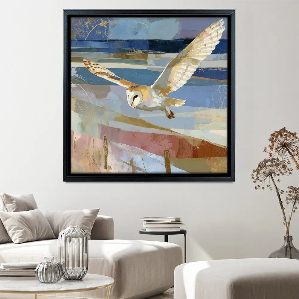 Barn Owl Gliding Over Countryside Square Canvas Print Barn Owl Gliding Over Countryside Square Canvas Print wall art product Chromatic Storm Studio
