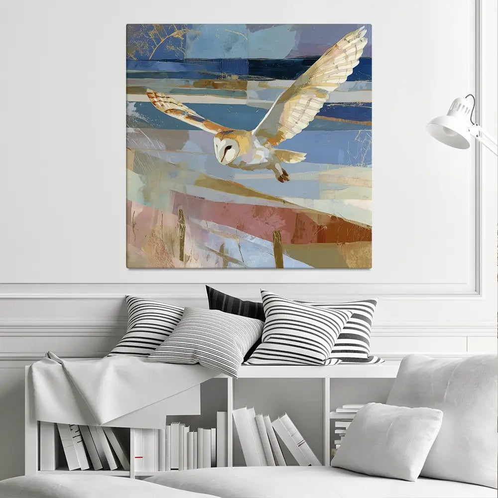 Barn Owl Gliding Over Countryside Square Canvas Print Barn Owl Gliding Over Countryside Square Canvas Print wall art product Chromatic Storm Studio