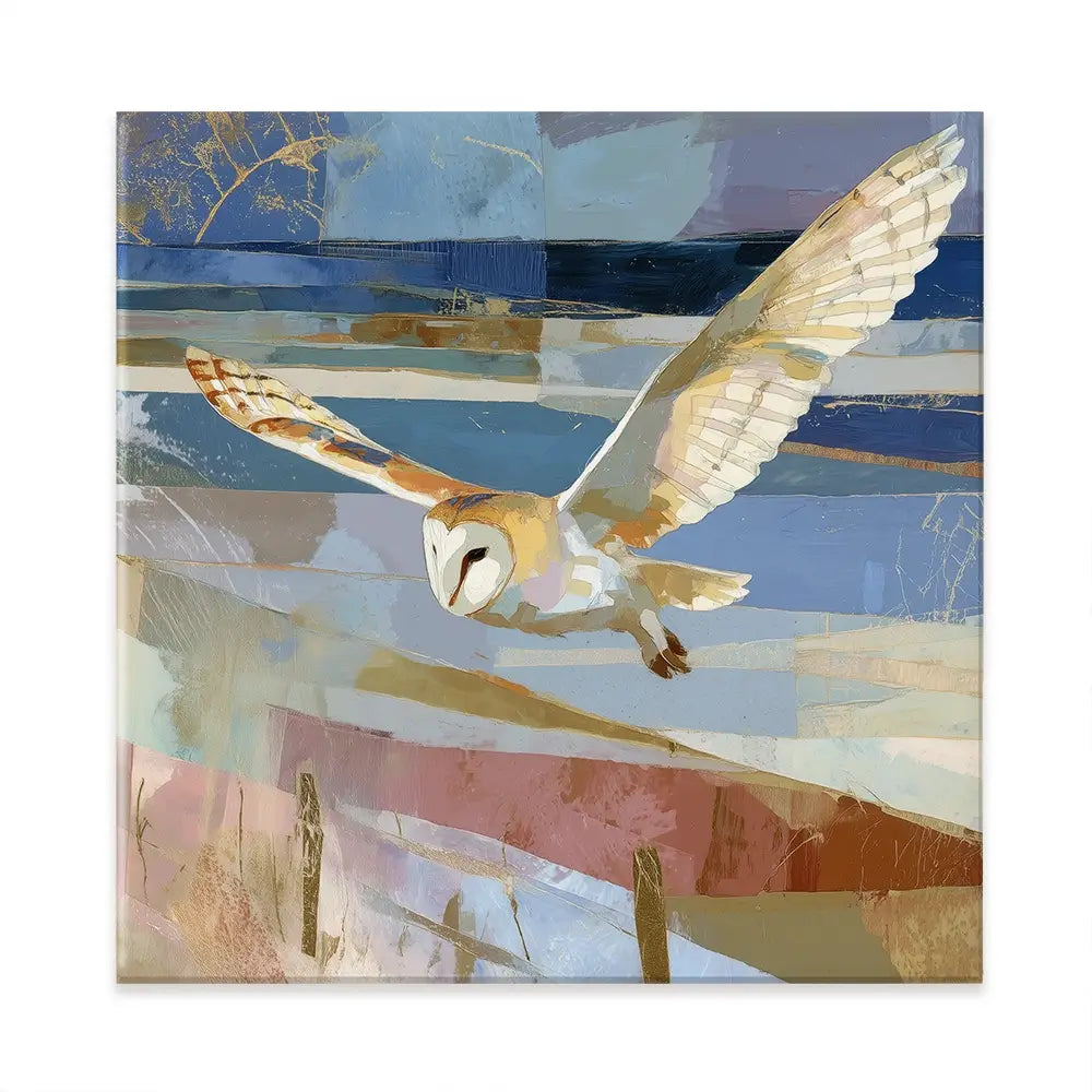 Barn Owl Gliding Over Countryside Square Canvas Print Barn Owl Gliding Over Countryside Square Canvas Print wall art product Chromatic Storm Studio