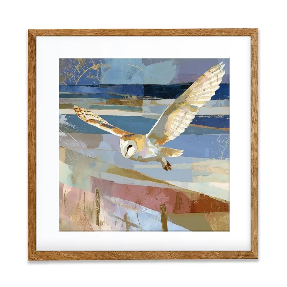 Barn Owl Gliding Over Countryside Square Framed Art Print Barn Owl Gliding Over Countryside Square Framed Art Print wall art product Chromatic Storm Studio