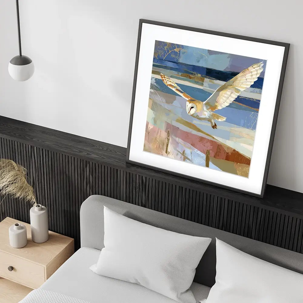 Barn Owl Gliding Over Countryside Square Framed Art Print Barn Owl Gliding Over Countryside Square Framed Art Print wall art product Chromatic Storm Studio