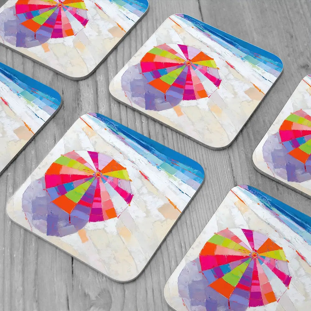 Beach Umbrella From Above Coaster Set Beach Umbrella From Above Coaster Set wall art product Chromatic Storm Studio