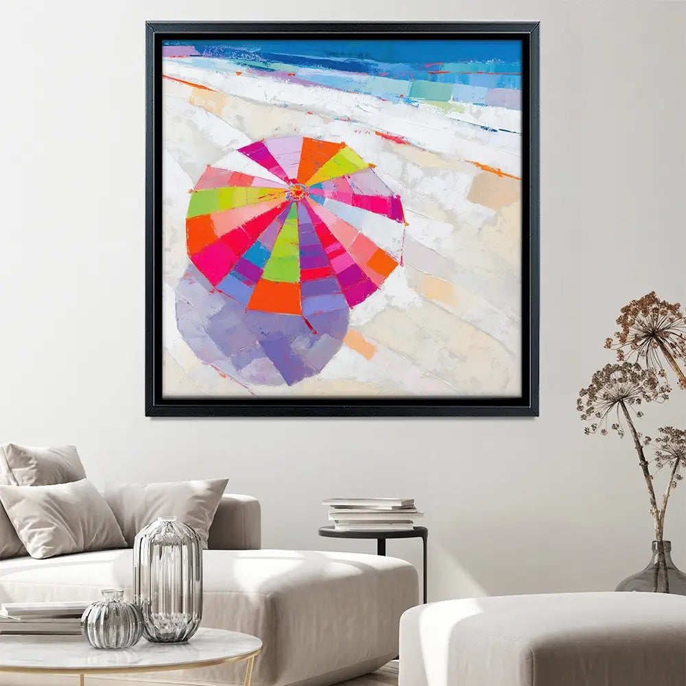 Beach Umbrella From Above Square Canvas Print Beach Umbrella From Above Square Canvas Print wall art product Chromatic Storm Studio