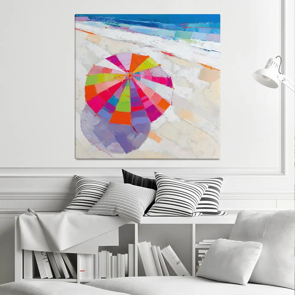 Beach Umbrella From Above Square Canvas Print Beach Umbrella From Above Square Canvas Print wall art product Chromatic Storm Studio