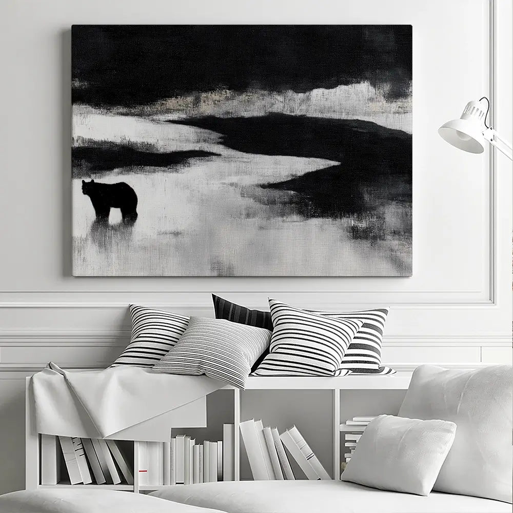 Bear By A River In Foggy Landscape Canvas Print Bear By A River In Foggy Landscape Canvas Print wall art product Chromatic Storm Studio