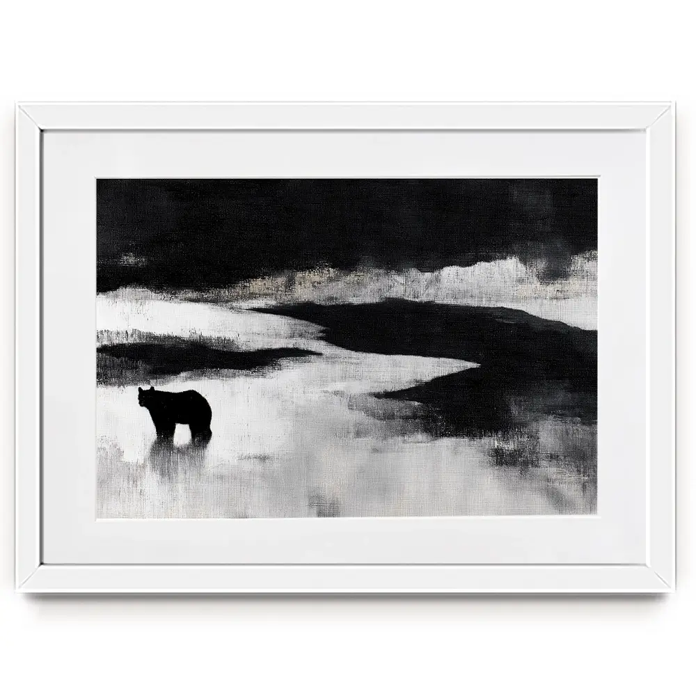 Bear By A River In Foggy Landscape Framed Art Print Bear By A River In Foggy Landscape Framed Art Print wall art product Chromatic Storm Studio