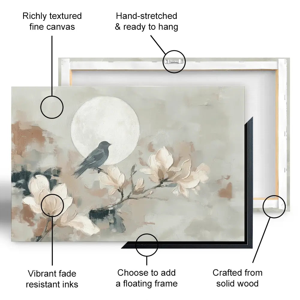 Bird Silhouette And Moon Canvas Print Bird Silhouette And Moon Canvas Print wall art product Chromatic Storm Studio