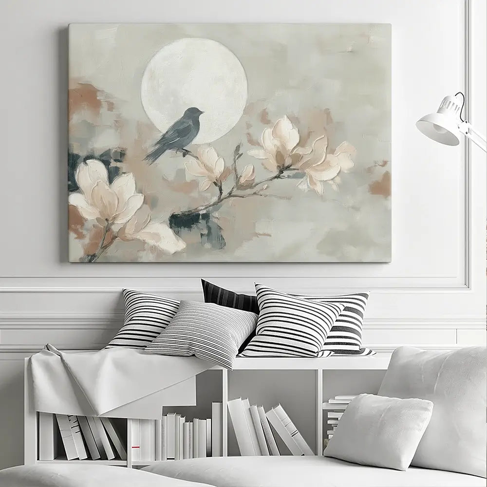 Bird Silhouette And Moon Canvas Print Bird Silhouette And Moon Canvas Print wall art product Chromatic Storm Studio