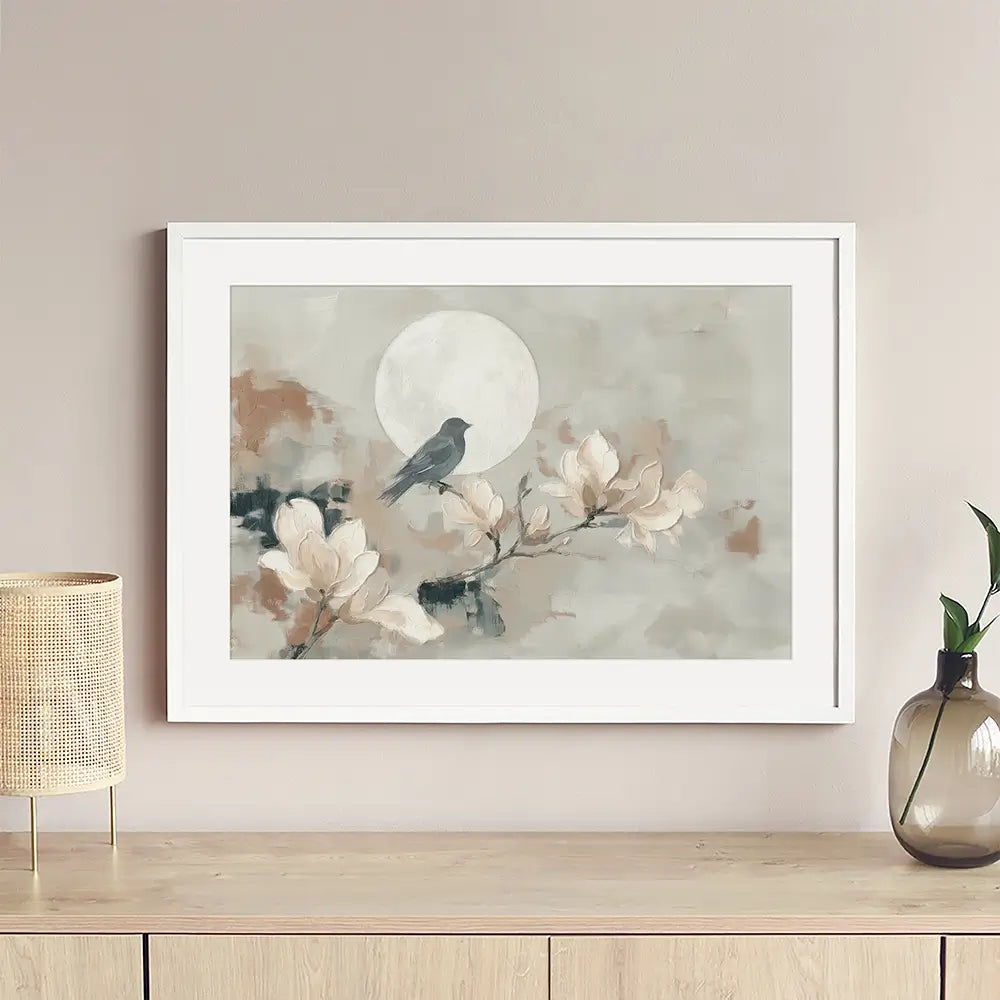 Bird Silhouette And Moon Framed Art Print Bird Silhouette And Moon Framed Art Print wall art product Chromatic Storm Studio