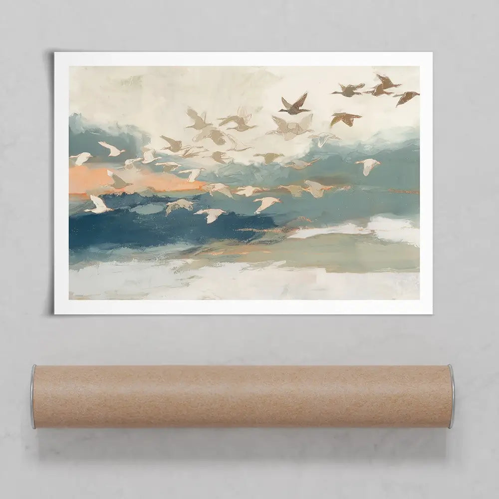 Birds In Flight At Dusk Over Open Water Art Print Birds In Flight At Dusk Over Open Water Art Print wall art product Chromatic Storm Studio