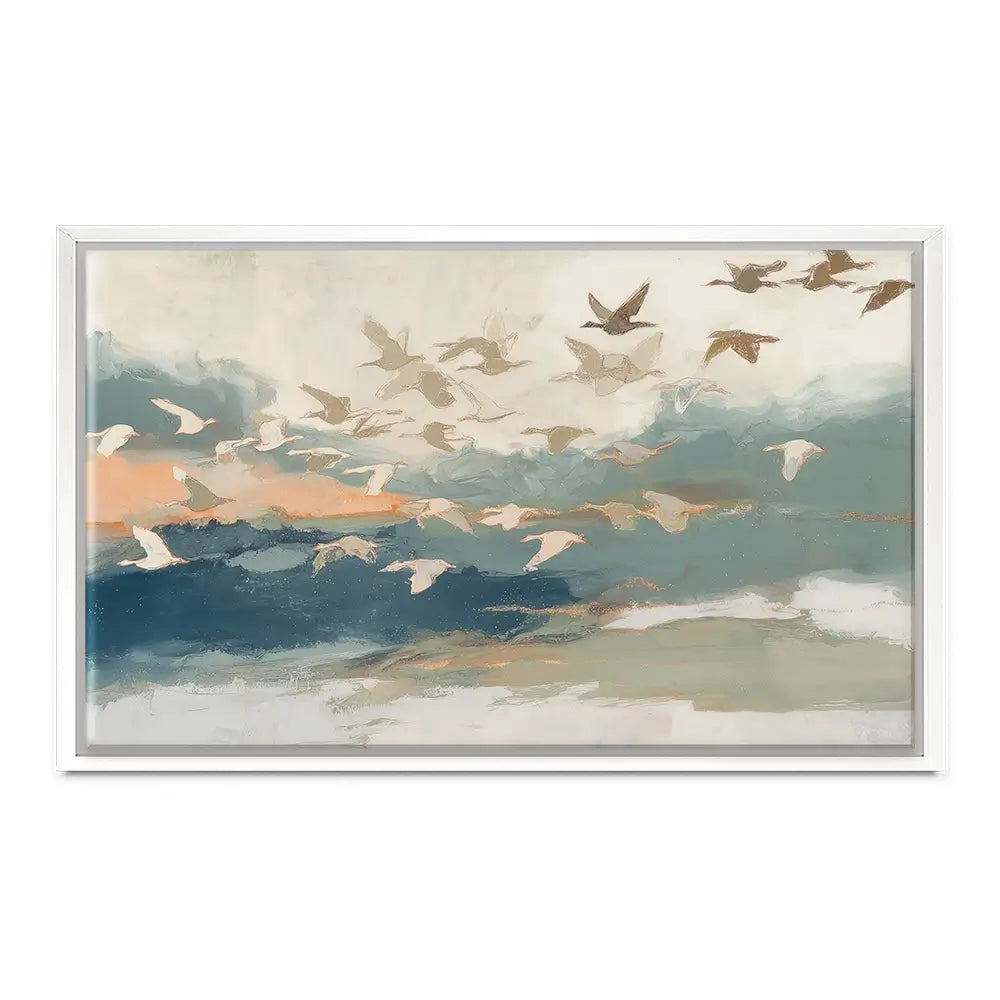 Birds In Flight At Dusk Over Open Water Canvas Print Birds In Flight At Dusk Over Open Water Canvas Print wall art product Chromatic Storm Studio