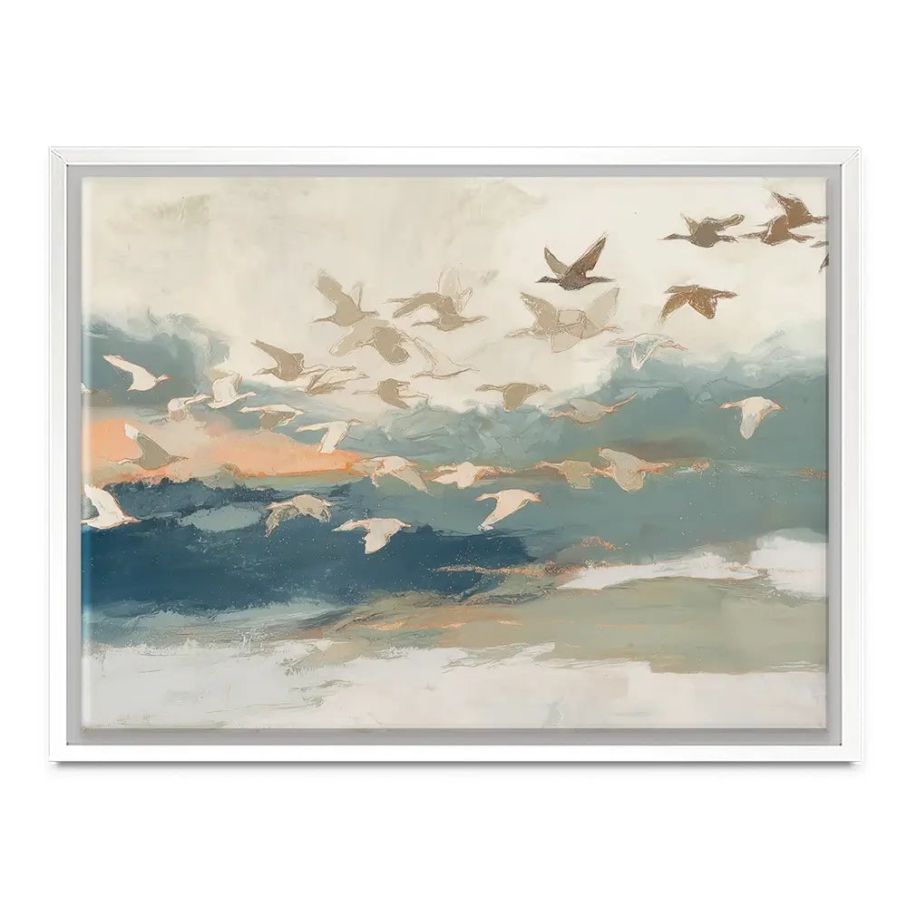 Birds In Flight At Dusk Over Open Water Canvas Print Birds In Flight At Dusk Over Open Water Canvas Print wall art product Chromatic Storm Studio