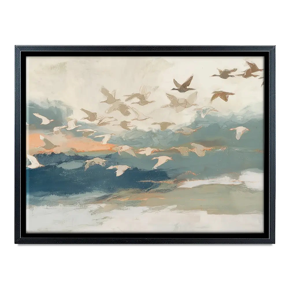 Birds In Flight At Dusk Over Open Water Canvas Print Birds In Flight At Dusk Over Open Water Canvas Print wall art product Chromatic Storm Studio