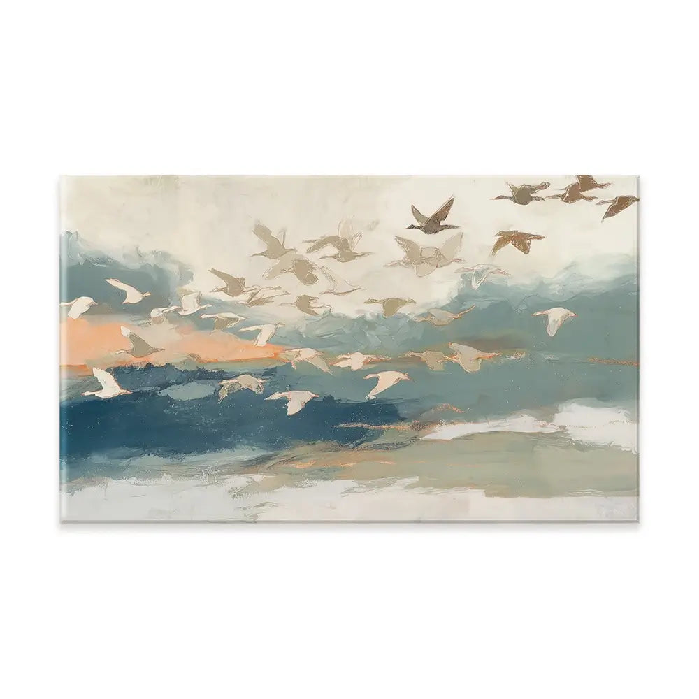Birds In Flight At Dusk Over Open Water Canvas Print Birds In Flight At Dusk Over Open Water Canvas Print wall art product Chromatic Storm Studio