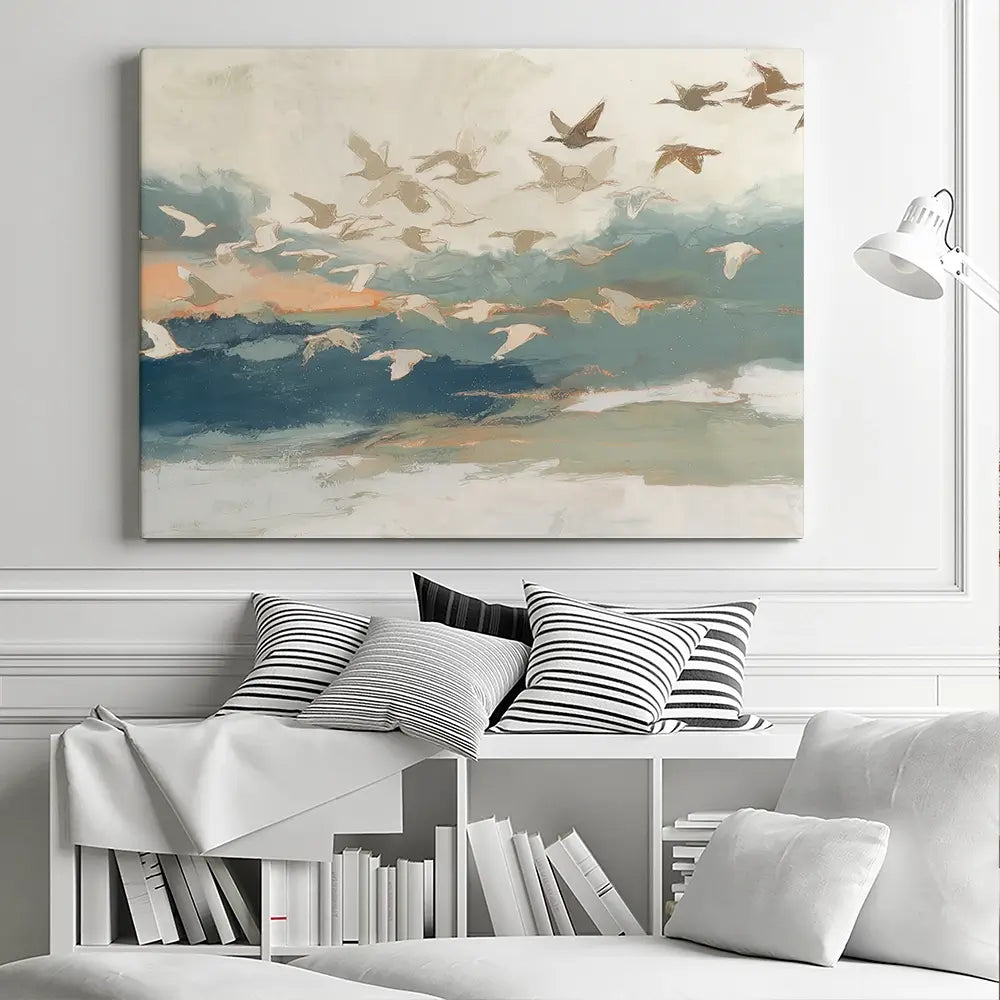 Birds In Flight At Dusk Over Open Water Canvas Print Birds In Flight At Dusk Over Open Water Canvas Print wall art product Chromatic Storm Studio