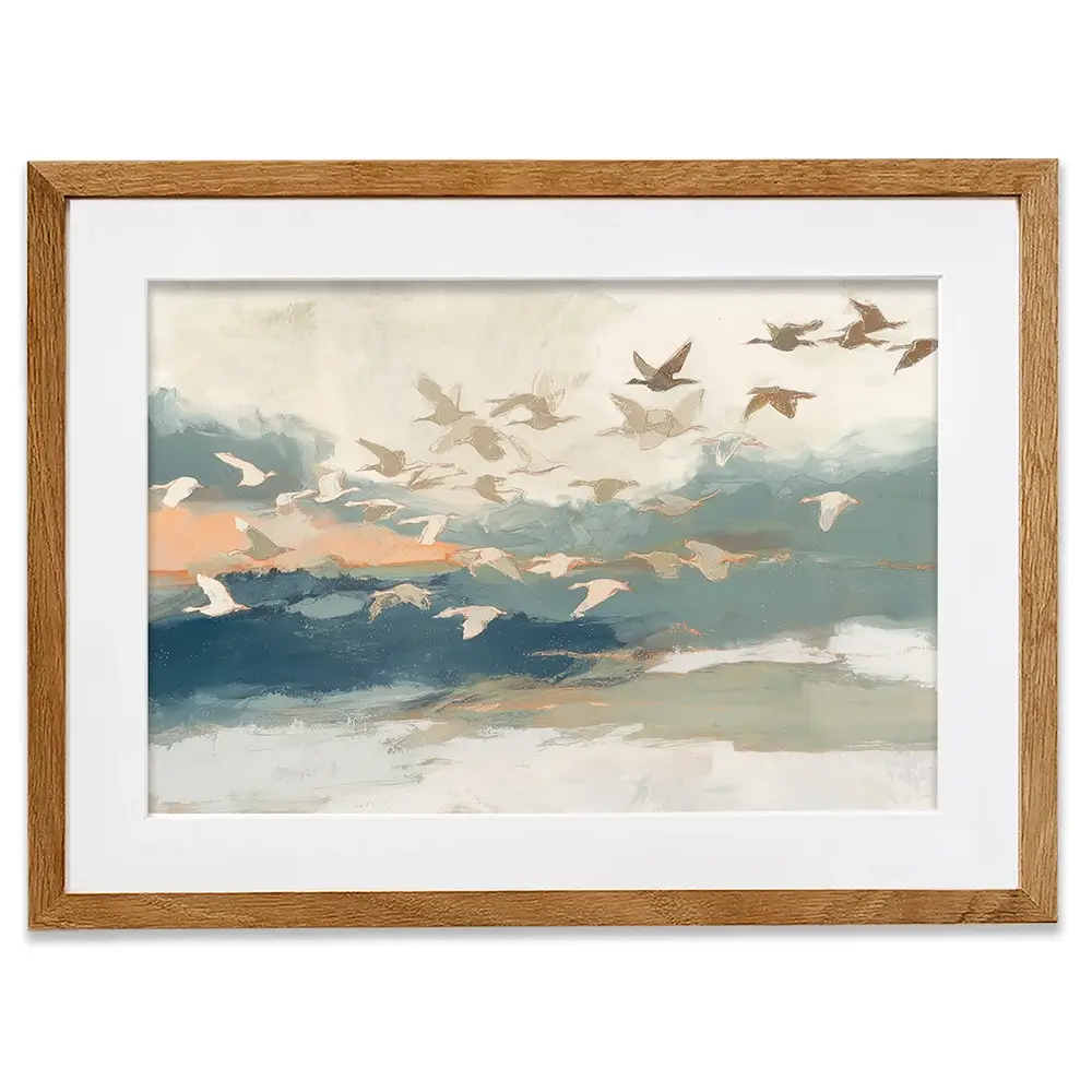 Birds In Flight At Dusk Over Open Water Framed Art Print Birds In Flight At Dusk Over Open Water Framed Art Print wall art product Chromatic Storm Studio
