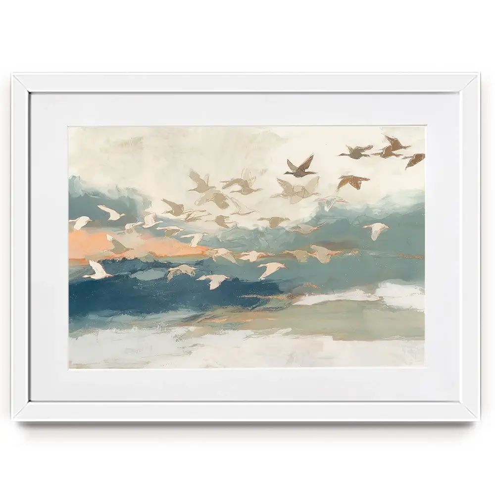 Birds In Flight At Dusk Over Open Water Framed Art Print Birds In Flight At Dusk Over Open Water Framed Art Print wall art product Chromatic Storm Studio
