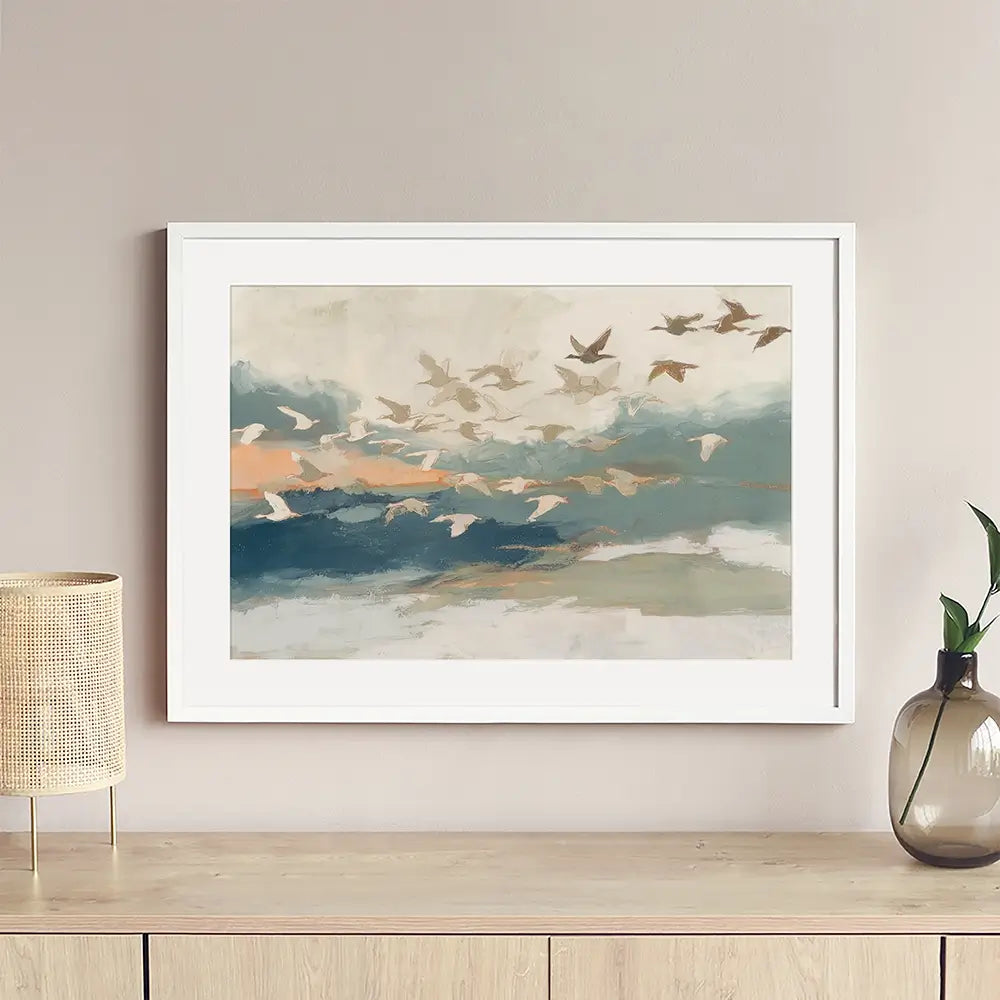 Birds In Flight At Dusk Over Open Water Framed Art Print Birds In Flight At Dusk Over Open Water Framed Art Print wall art product Chromatic Storm Studio